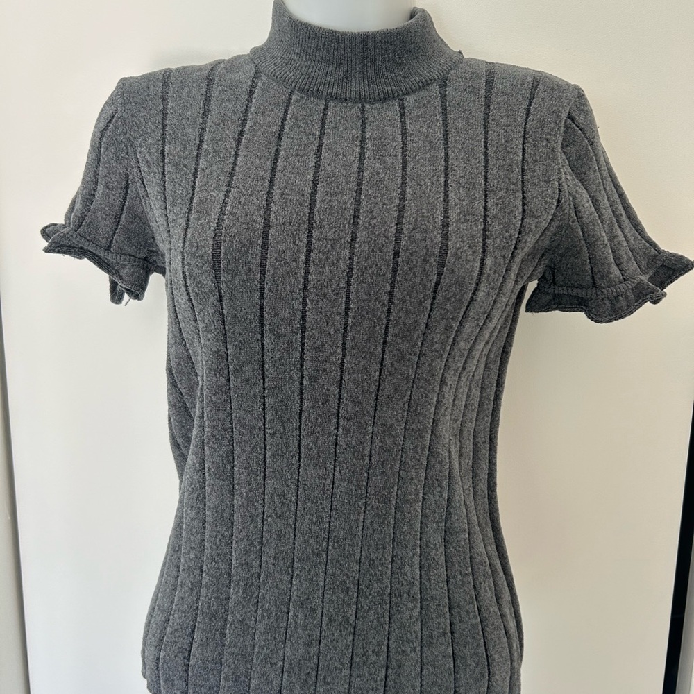 Zara Chenille Mock Neck Ruffle Short Sleeve Shirt Grey Size Medium